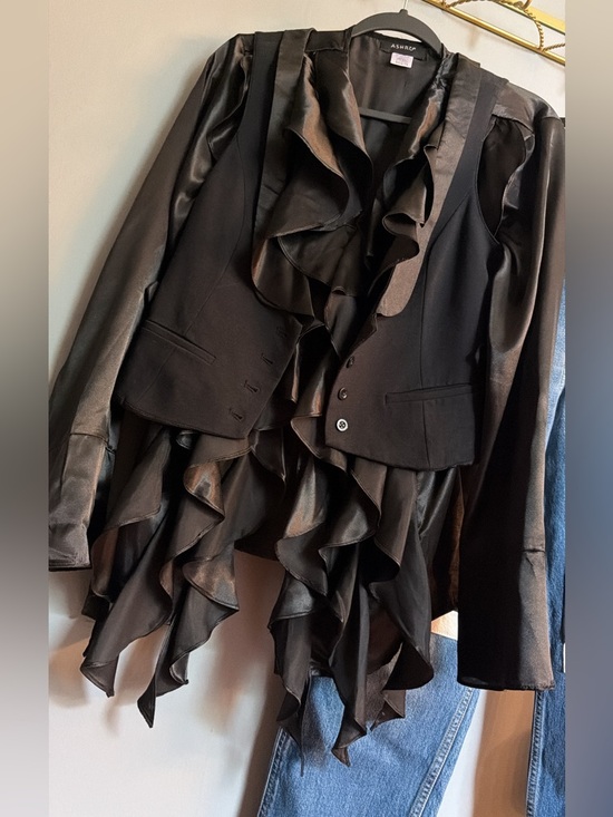 Ashro Tops - Black Satin Ruffle Statement Blouse Romantic Glam Evening Top